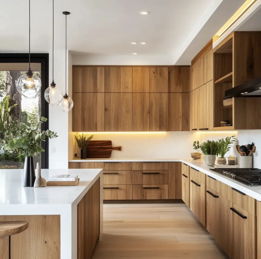Bright open concept kitchen with natural wood cabinets; built in lighting; and white countertops.